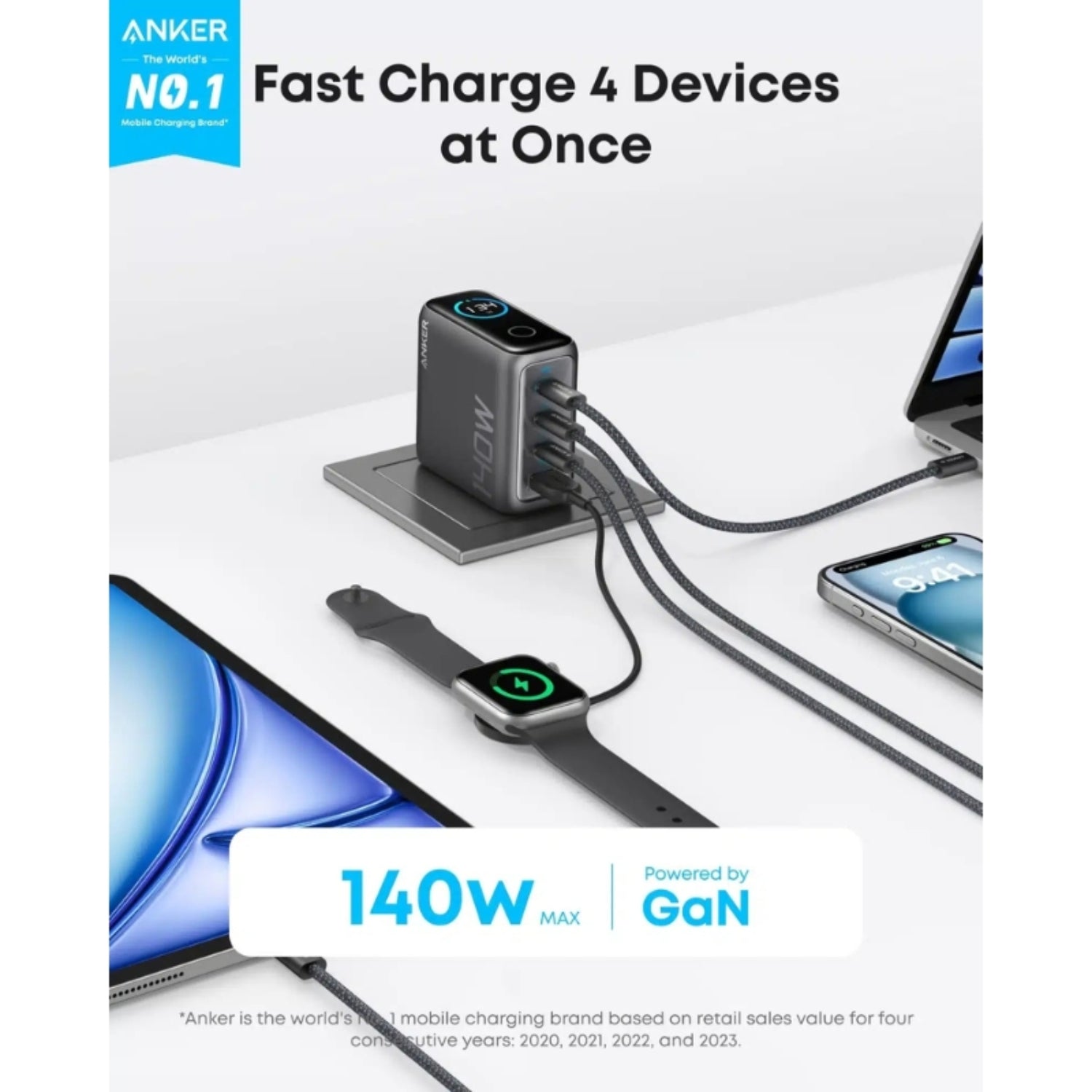 Laptop Charger (140W, 4-Port, PD 3.1) with USB-C Cable